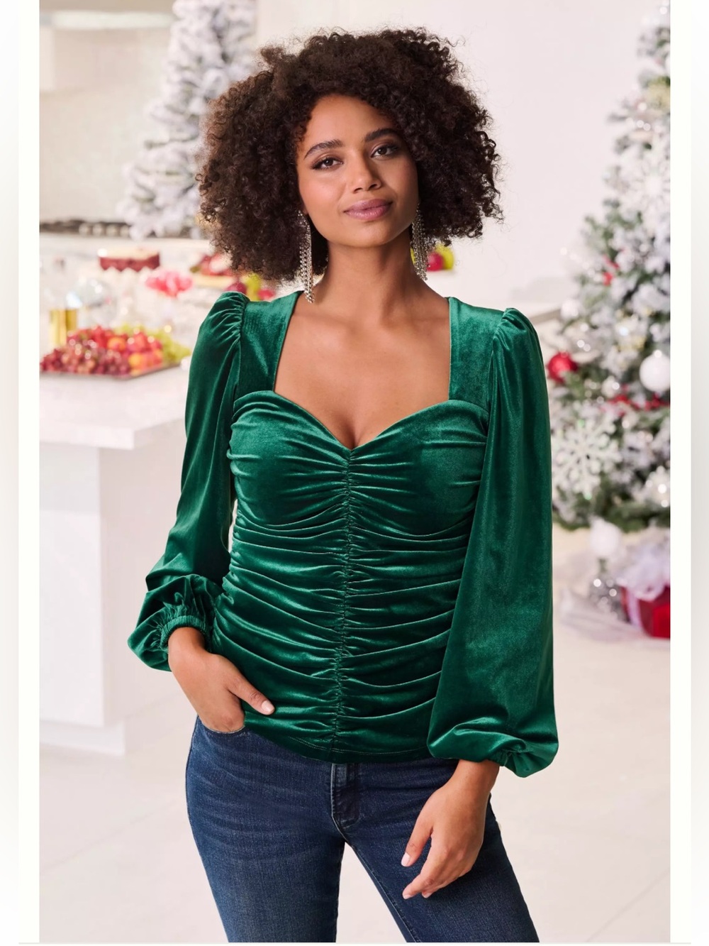 Boston Proper Green Velvet Ruched Sweetheart Blouse